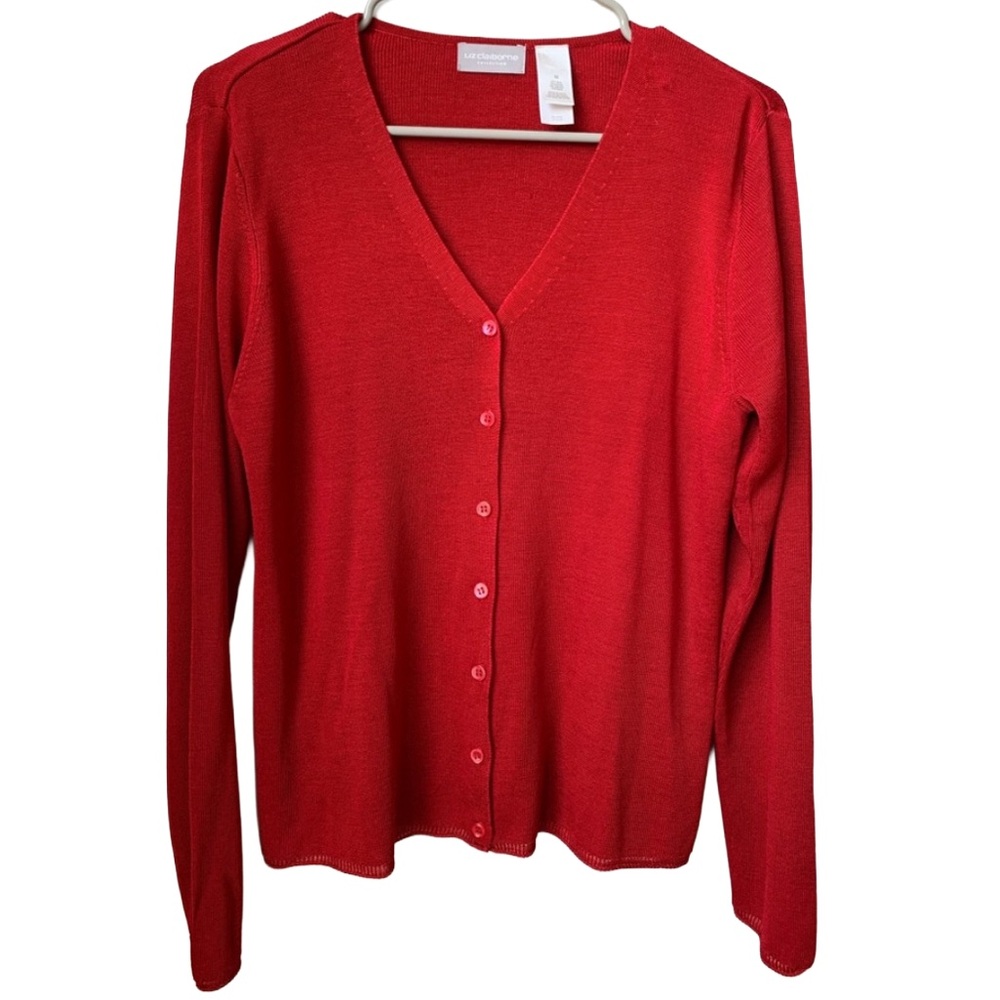 LIZ CLAIBORNE Womens Red Silk Rayon Button Front Closure V-neck Cardigan Sweater